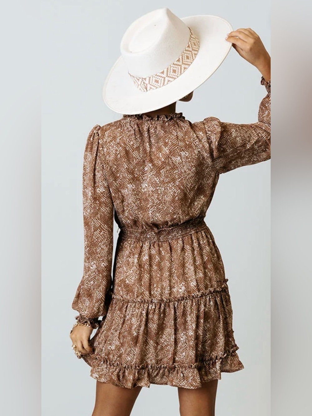 MINE Brown & Cream Snakeskin Ruffle Tier Mini Dress | Size L - Picture 9 of 14